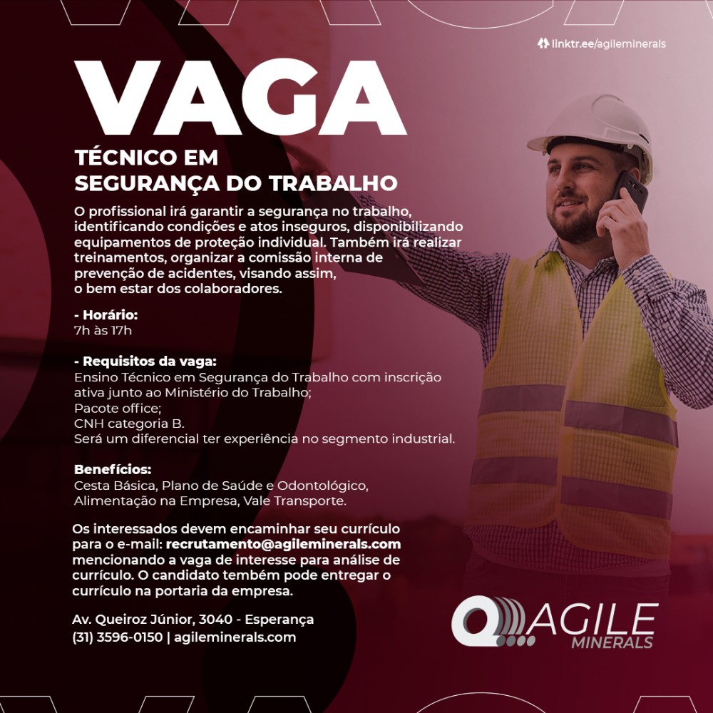 AGILE Minerals contrata Técnico de Segurança do Trabalho